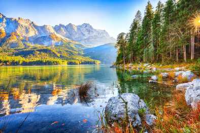 Faboulus autumn landscape of Eibsee Lake in front of Zugspitze summit under sunlight. Location: Eibsee lake, Garmisch-Partenkirchen, Bavarian alps, Germany, Europe
Faboulus autumn landscape of Eibsee Lake in front of Zugspitze summit under sunlight. Location: Eibsee lake, Garmisch-Partenkirchen, Bavarian alps, Germany, Europe