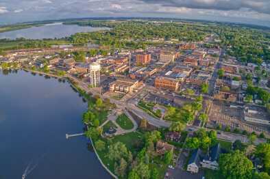 Aerial view of downtown Albert Lea, Minnesota at Dusk in summer Aerial view of downtown Albert Lea, Minnesota at Dusk in summer