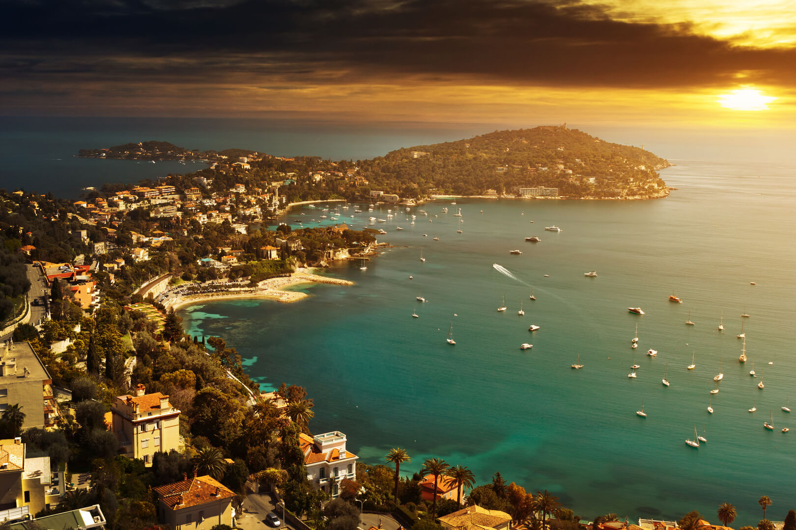 Aerial view of the Bay of Angels at sunset in Nice, France