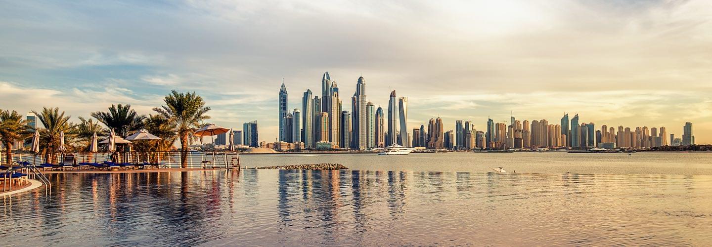 Photo of Dubai taken from the Persian Gulf with its skyscrapers in the background