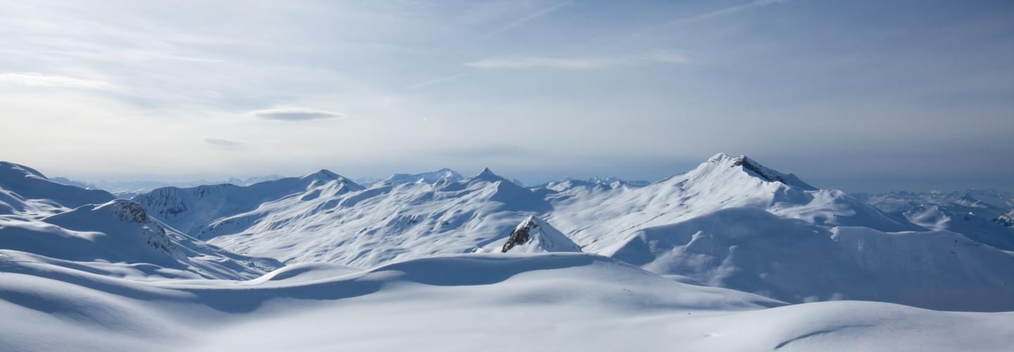 Skyline of the mountains in Klosters-Serneus in canton of Graubünden in Switzerland in winter