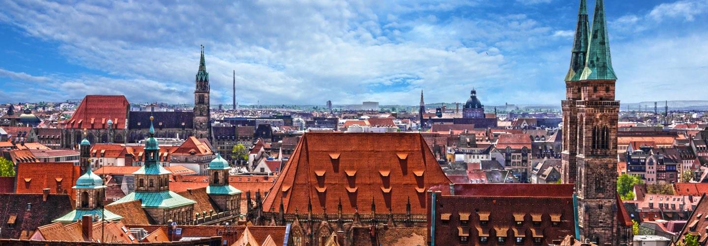 Nuremberg’s skyline with St. Sebaldus Church in foreground and St. Lorenz Catherdral in background
