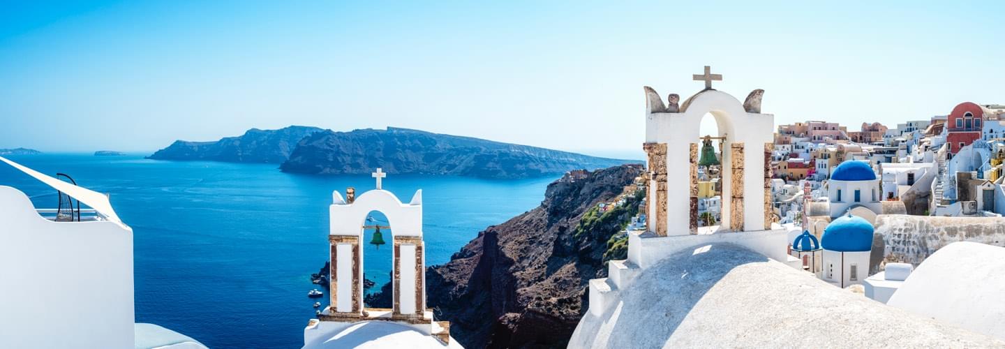 View of the white city of Santorini in the Greek Islands