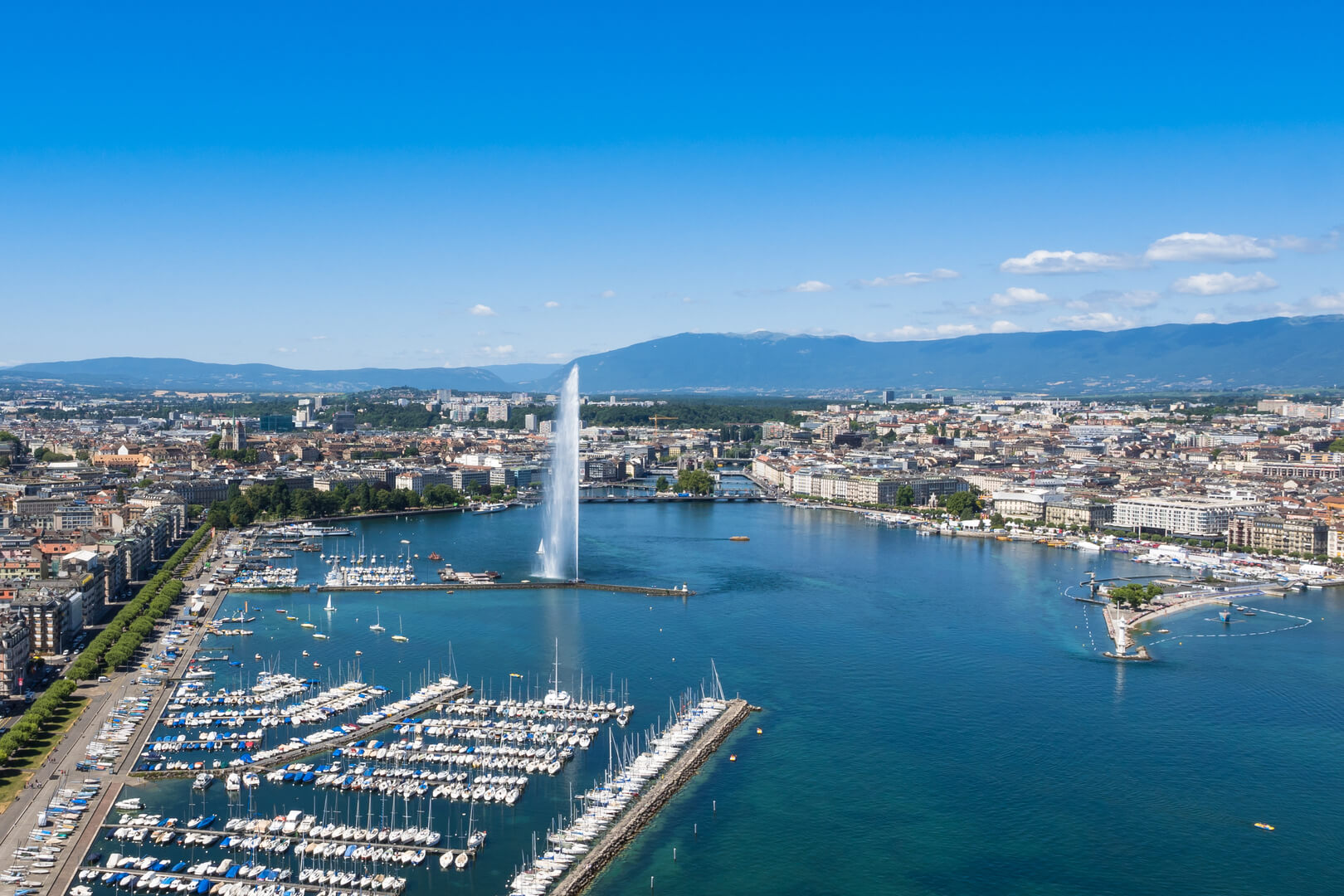 Aerial view of the lake Leman with the city of Geneva in the Background