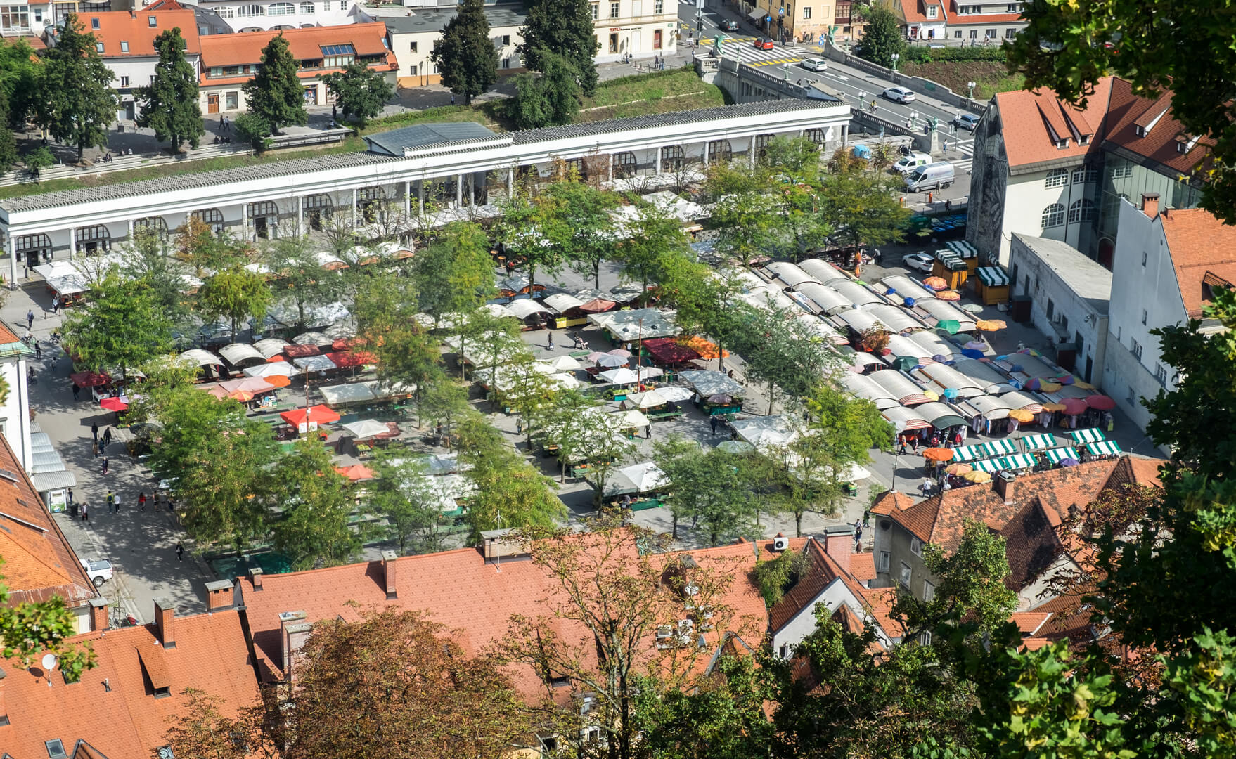 Aerial view of Ljubljana central market.