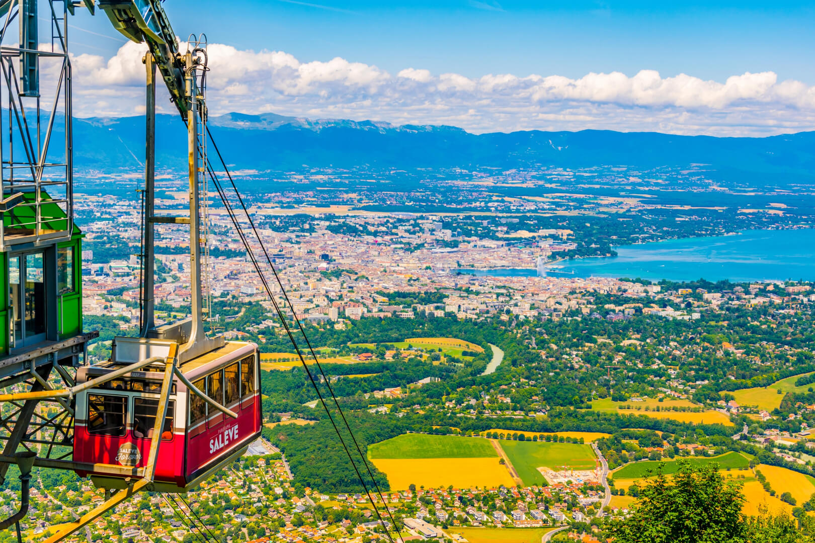 GENEVA, SWITZERLAND: Cabin lift arriving to the top of Mont Saleve near Geneva lake, Switzerland