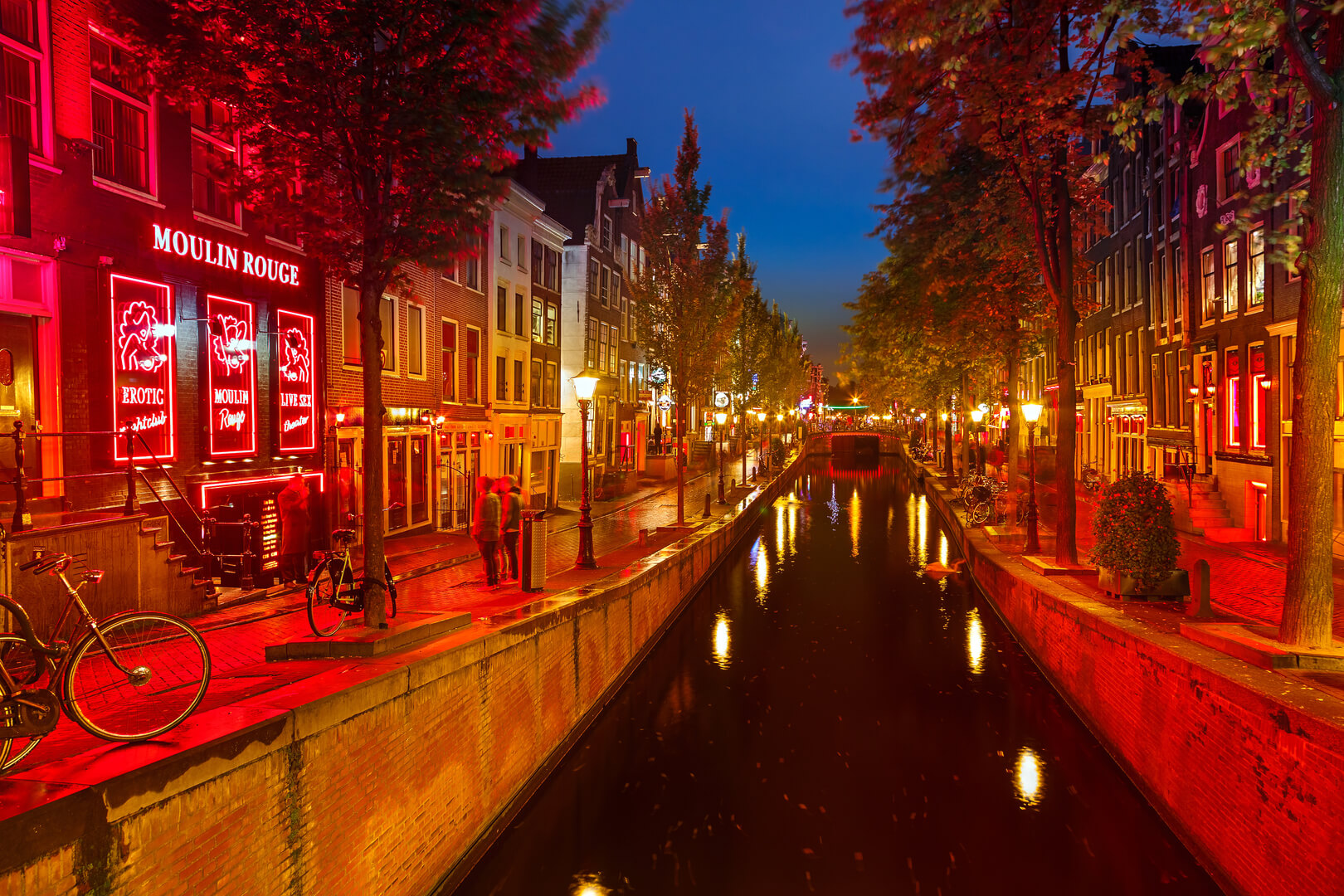 Red-light district in Amsterdam in Amsterdam, Netherlands. There are about three hundred cabins rented by prostitutes in the area.
