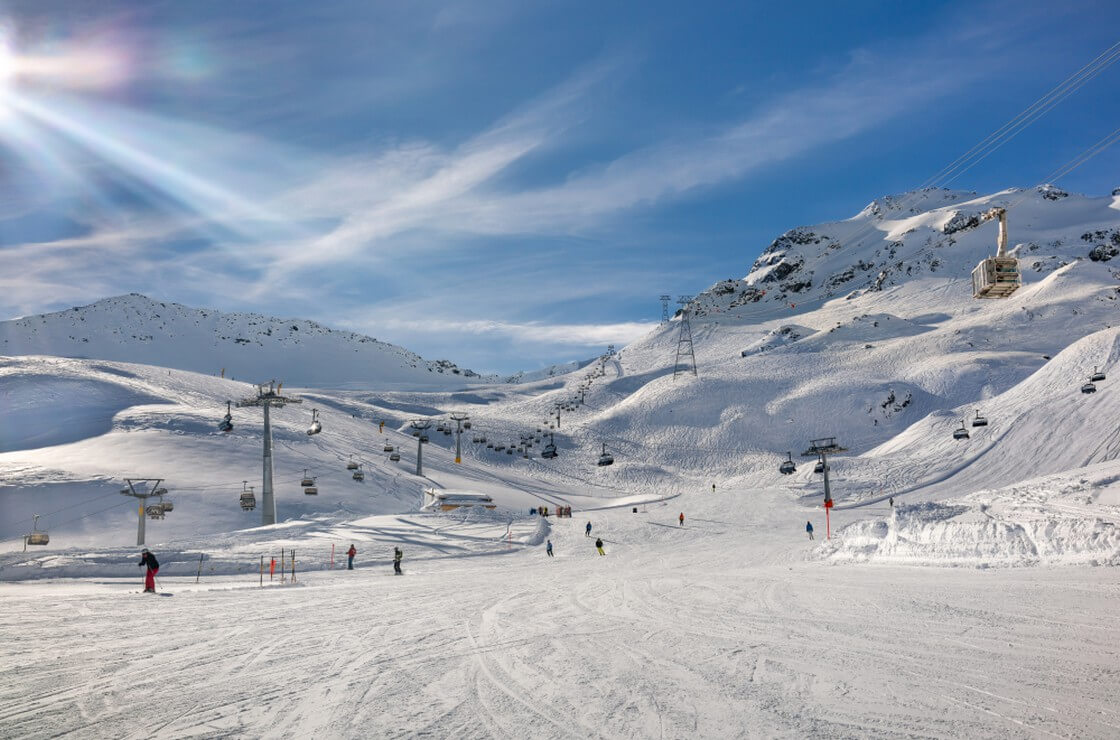 Landscape of ski slopes in Davos winter resort, Switzerland.