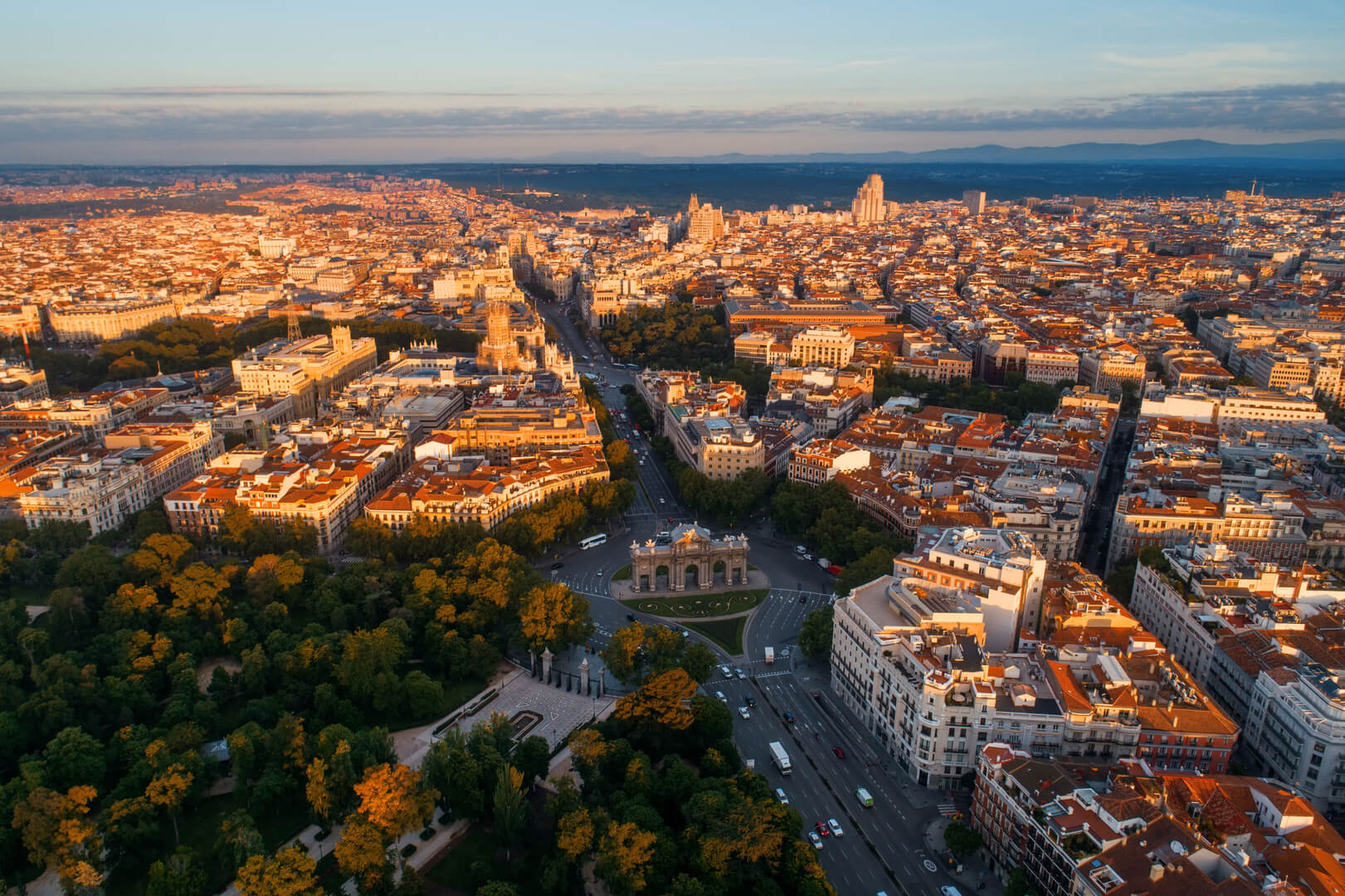 Madrid aerial view with historical buildings in Spain.
