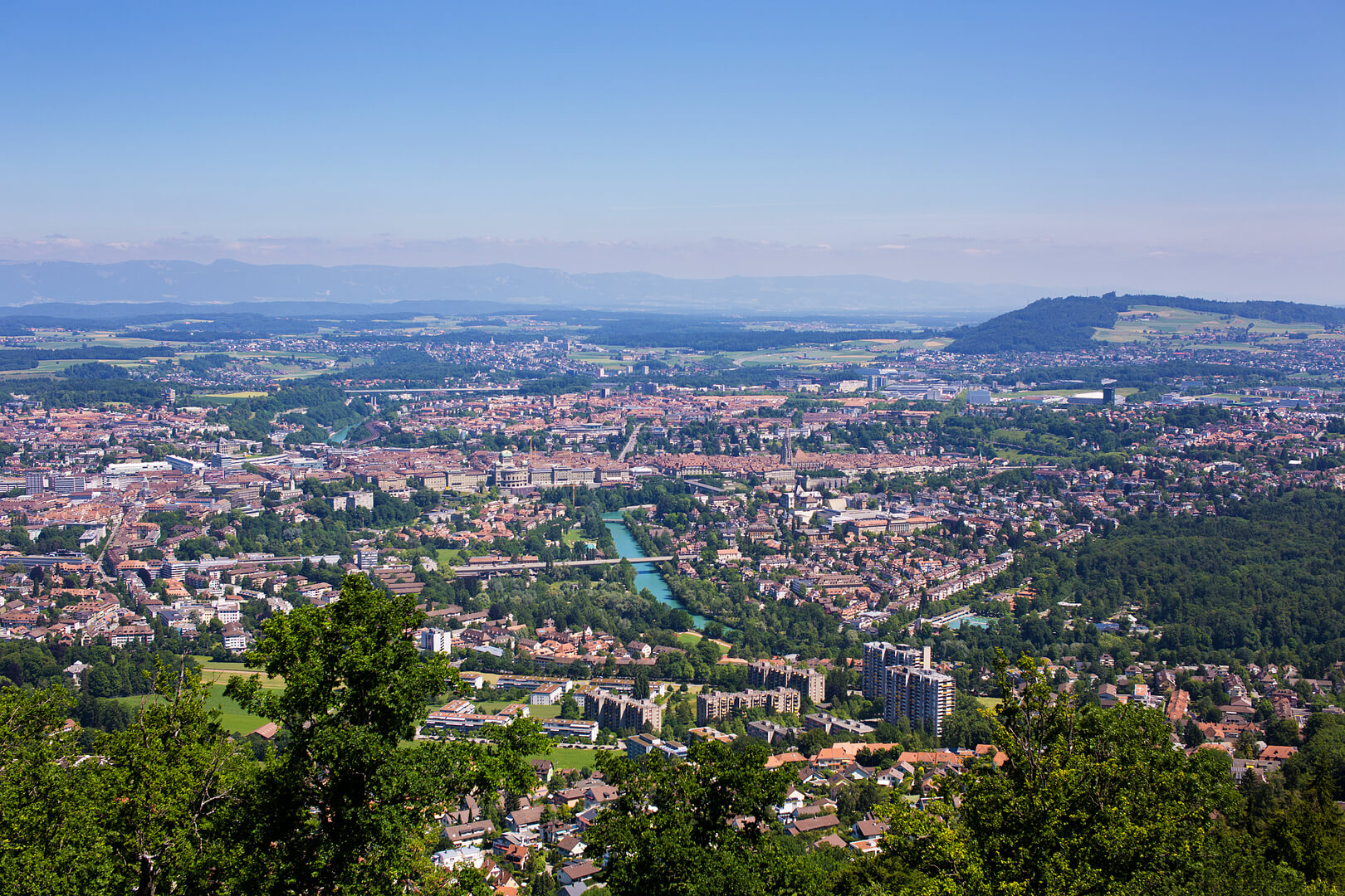 The view of the city Bern from mountain Gurten in summer