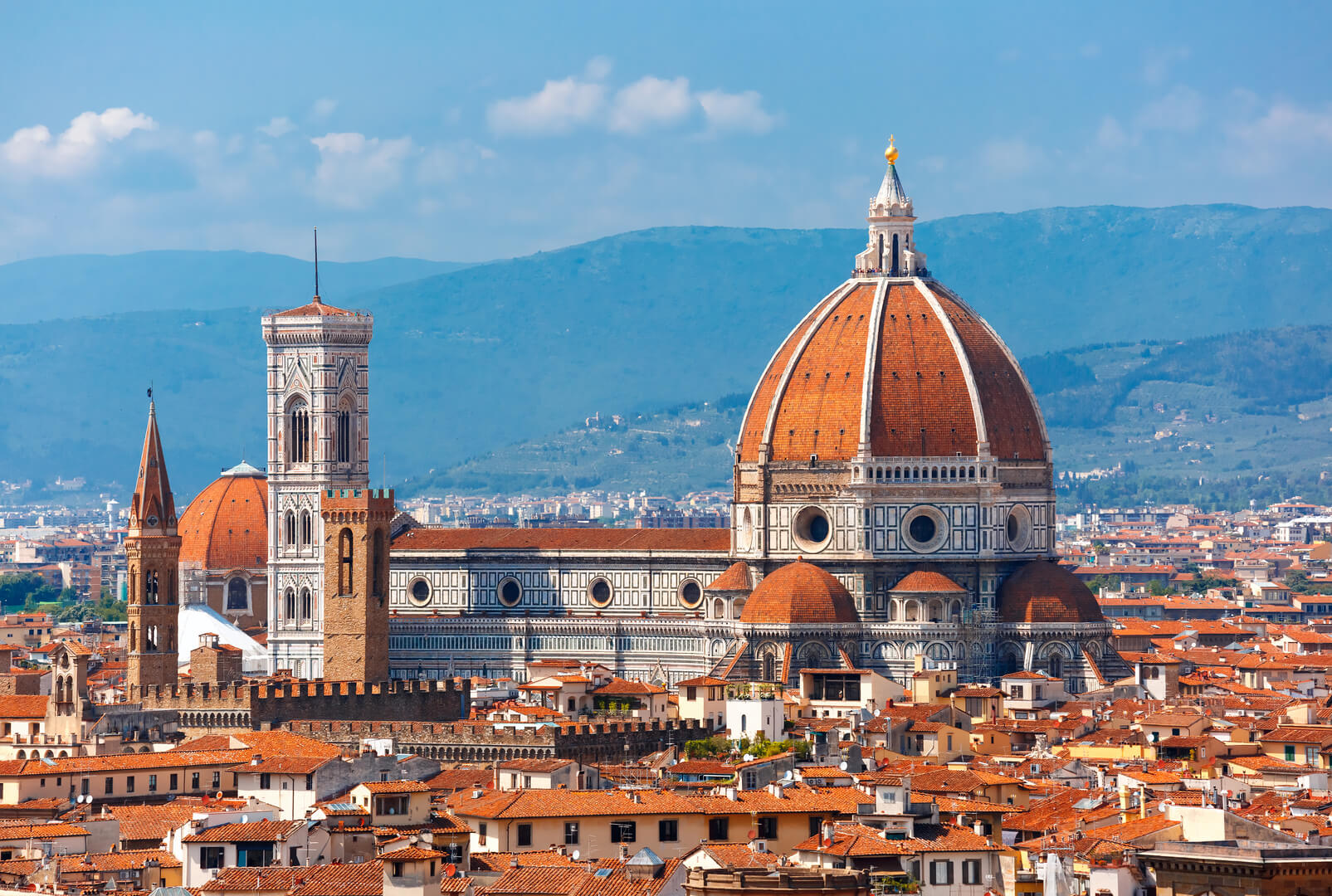 Duomo Santa Maria Del Fiore and Bargello in the morning from Piazzale Michelangelo in Florence, Tuscany, Italy
