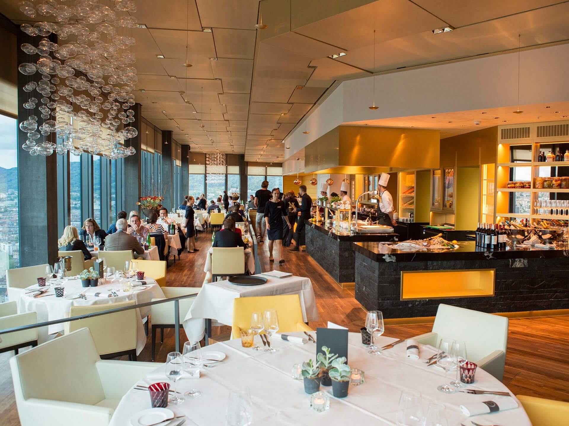 Interior view of the panoramic restaurant called Clouds in Zurich