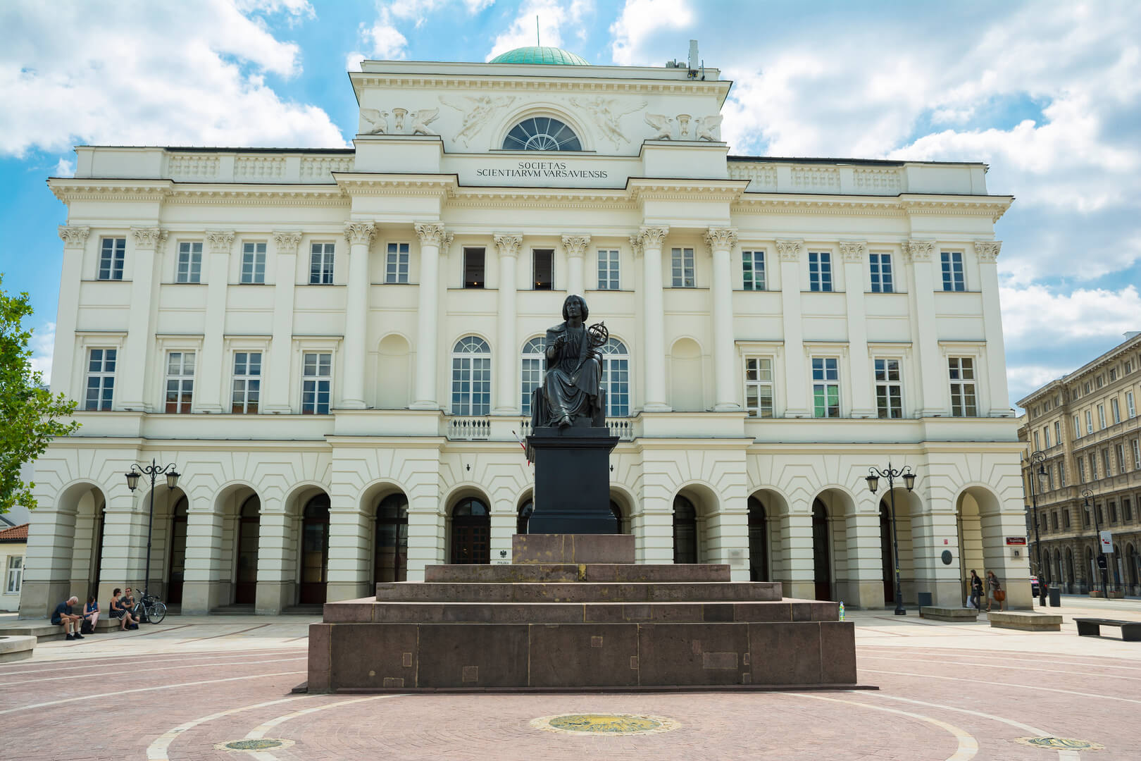 Staszic Palace. Copernicus Statue stands in front of Societas Scientiarum Varsoviensis or Polish Academy of Sciences in Warsaw , Poland