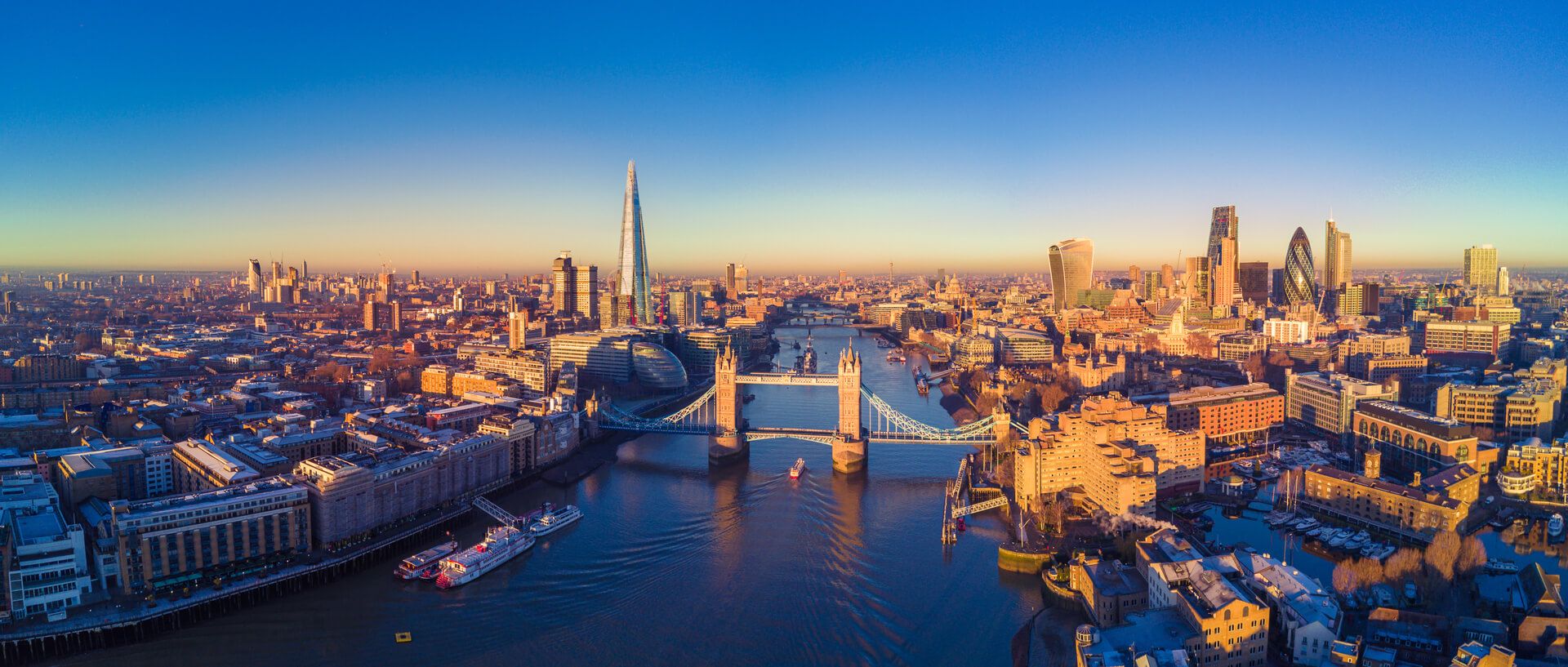 Aerial panoramic cityscape view of London and the River Thames, England, United Kingdom
