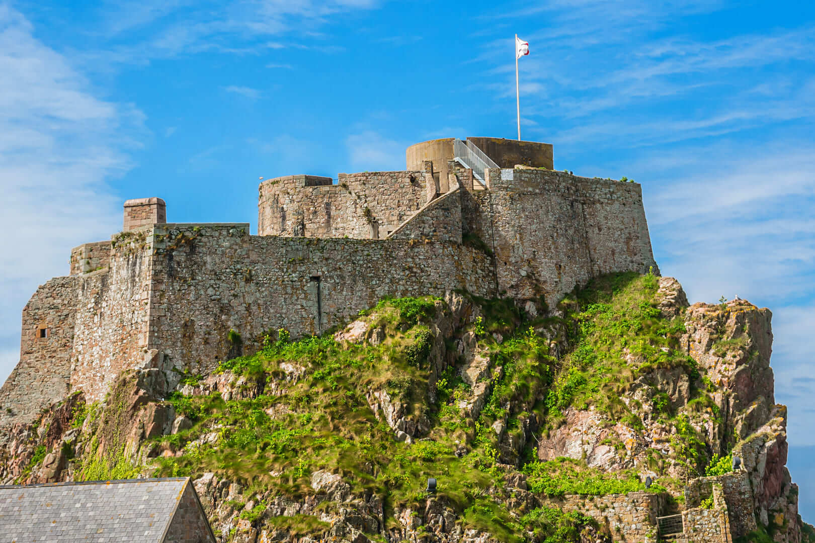 Elizabeth Castle (1594) - castle and tourist attraction on a tidal island within parish of Saint Helier, Jersey, UK.
