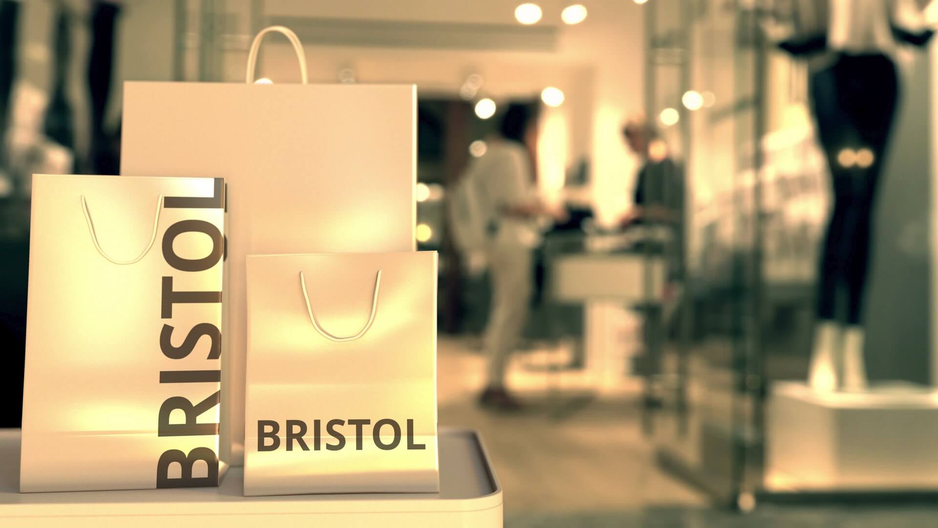 Taschen mit Bristol-Text. Fahren in das Vereinigte Königreich im Zusammenhang mit konzeptionellem 3D-Rendering