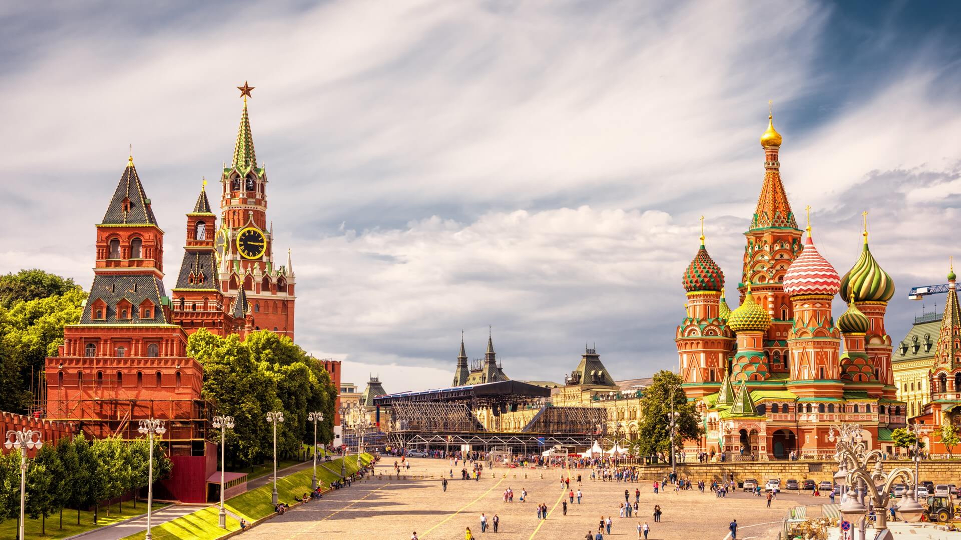 Moscow Kremlin and of St Basil's Cathedral on Red Square, Moscow, Russia. Ancient Moscow Kremlin is the main tourist attraction of city. Beautiful panoramic view of the heart of Moscow on sunny day.
