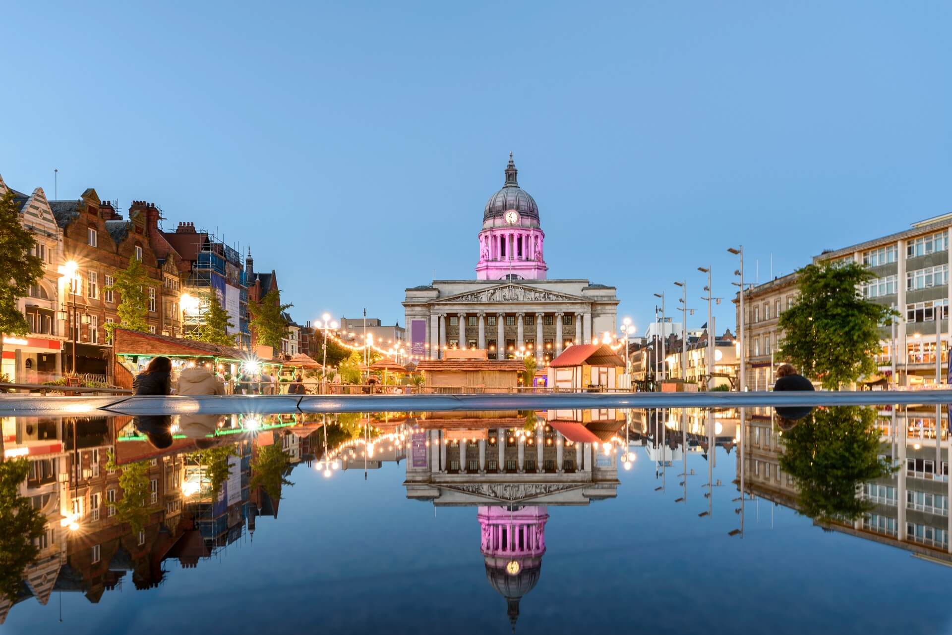 Nottingham Council House and a fountain front shot at Twilight
