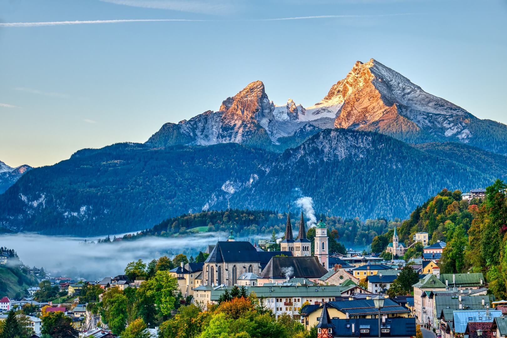 Mount Watzmann and the city of Berchtesgaden in the Bavarian Alps
