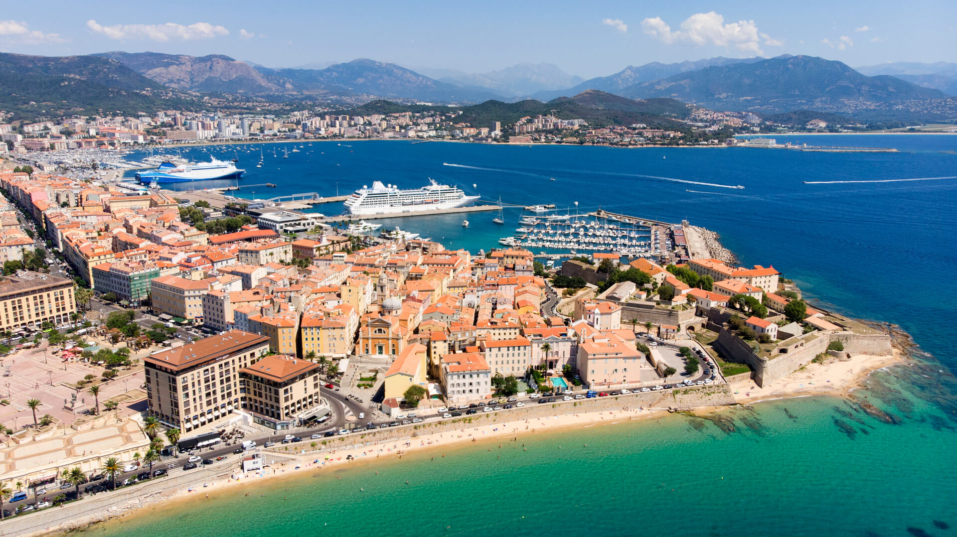 Aerial view of Ajaccio with harbor in the background, Corsica, France