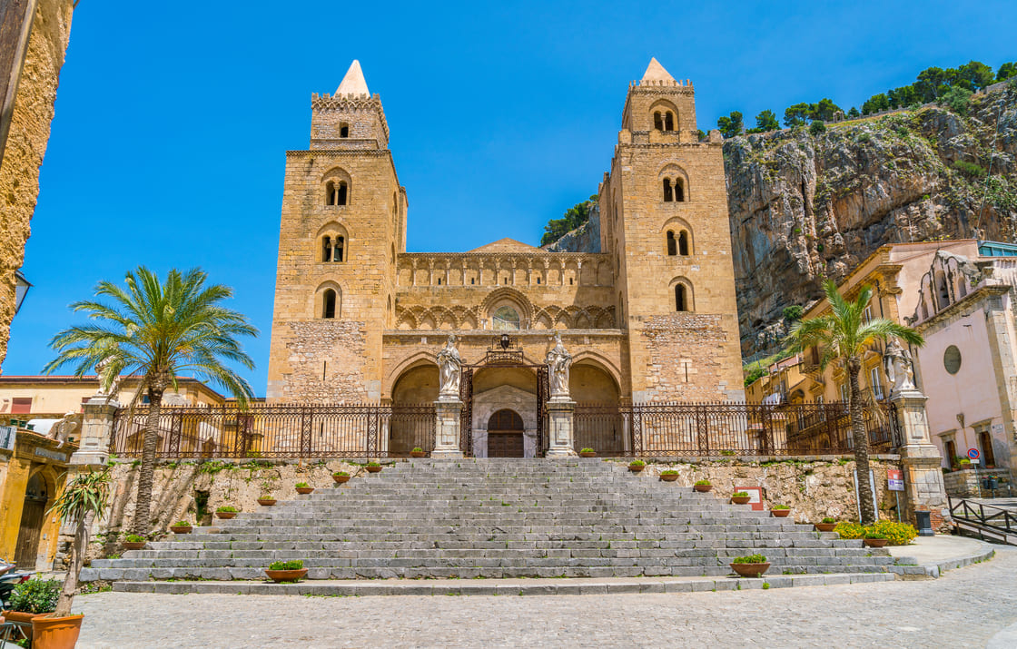 Cefalù Cathedral on a sunny summer day. Sicily, southern Italy.
