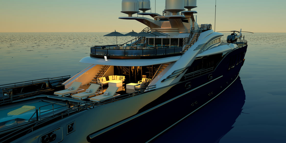 Extremely detailed and realistic high resolution 3D image of a luxury super yacht with a helicopter, a swimming pool and a jacuzzi
