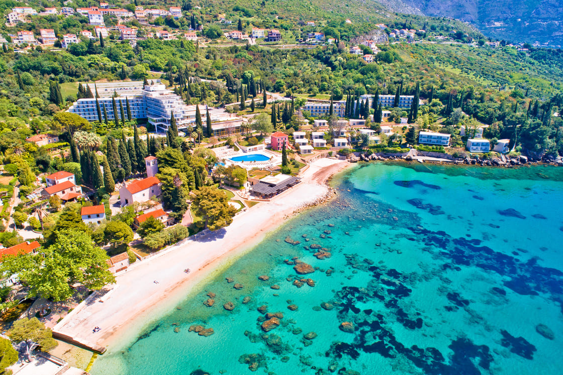 Adriatic village of Mlini waterfront and beach aerial view, Dubrovnik coastline of Croatia
