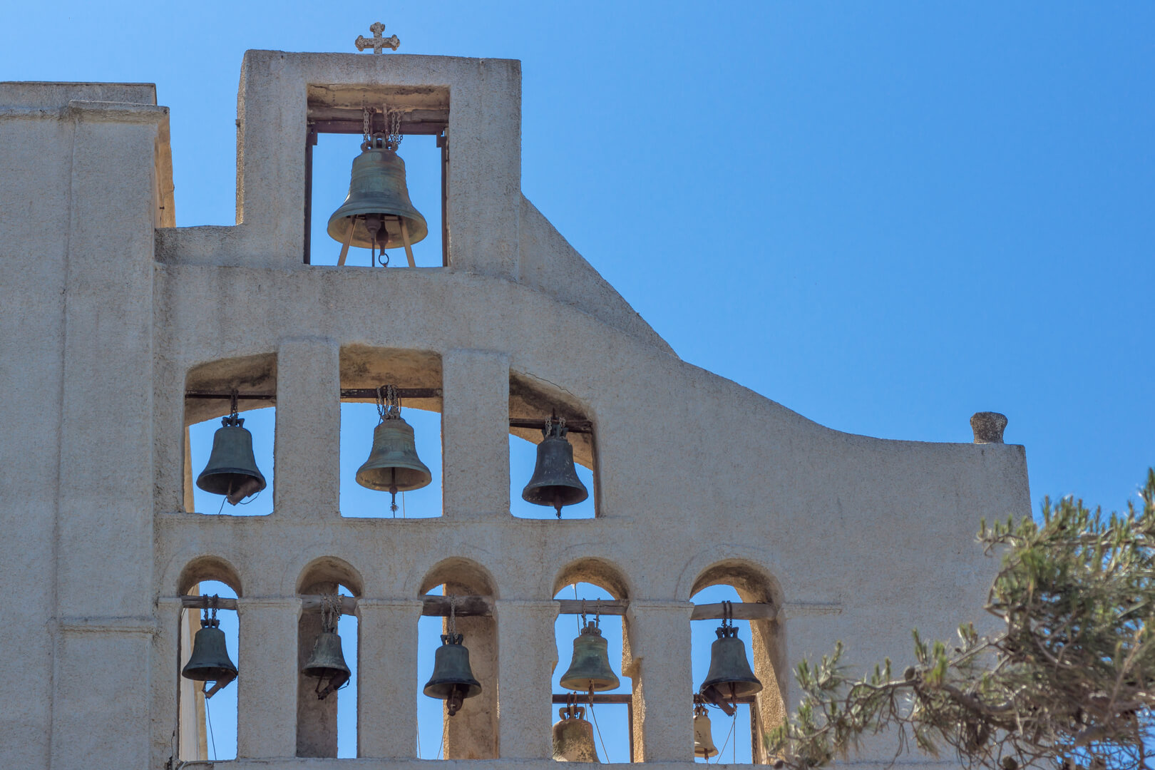 Bell tower of Monastery Prophet Elias, Santorini island, Thira, Cyclades, Greece
