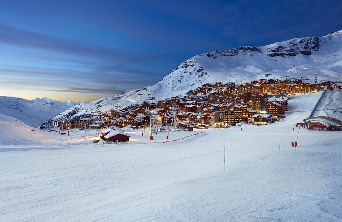 Panorama of famous Val Thorens in french alps by night, Vanoise, France

