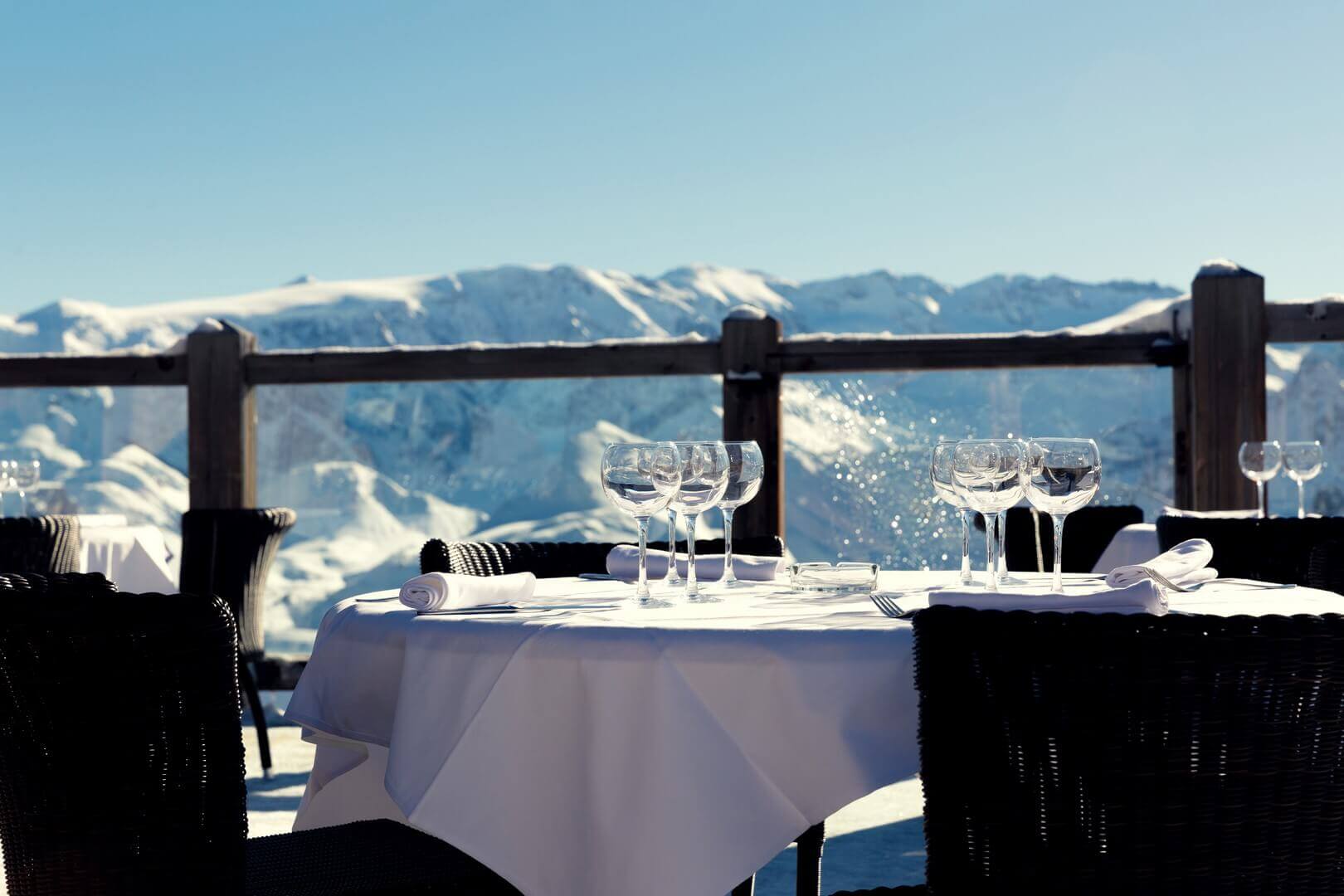Alpine outdoor restaurant at ski resort in Alps, France
