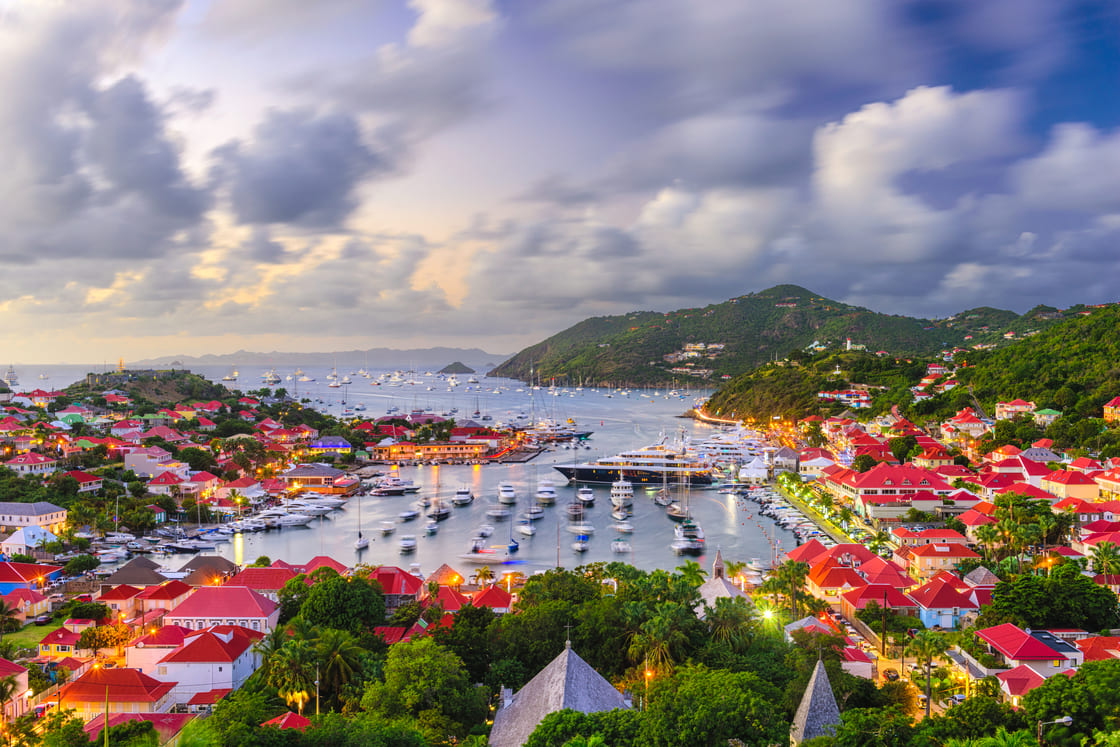 Gustavia, Saint Barthelemy skyline and harbor in the West Indies of the Caribbean.
