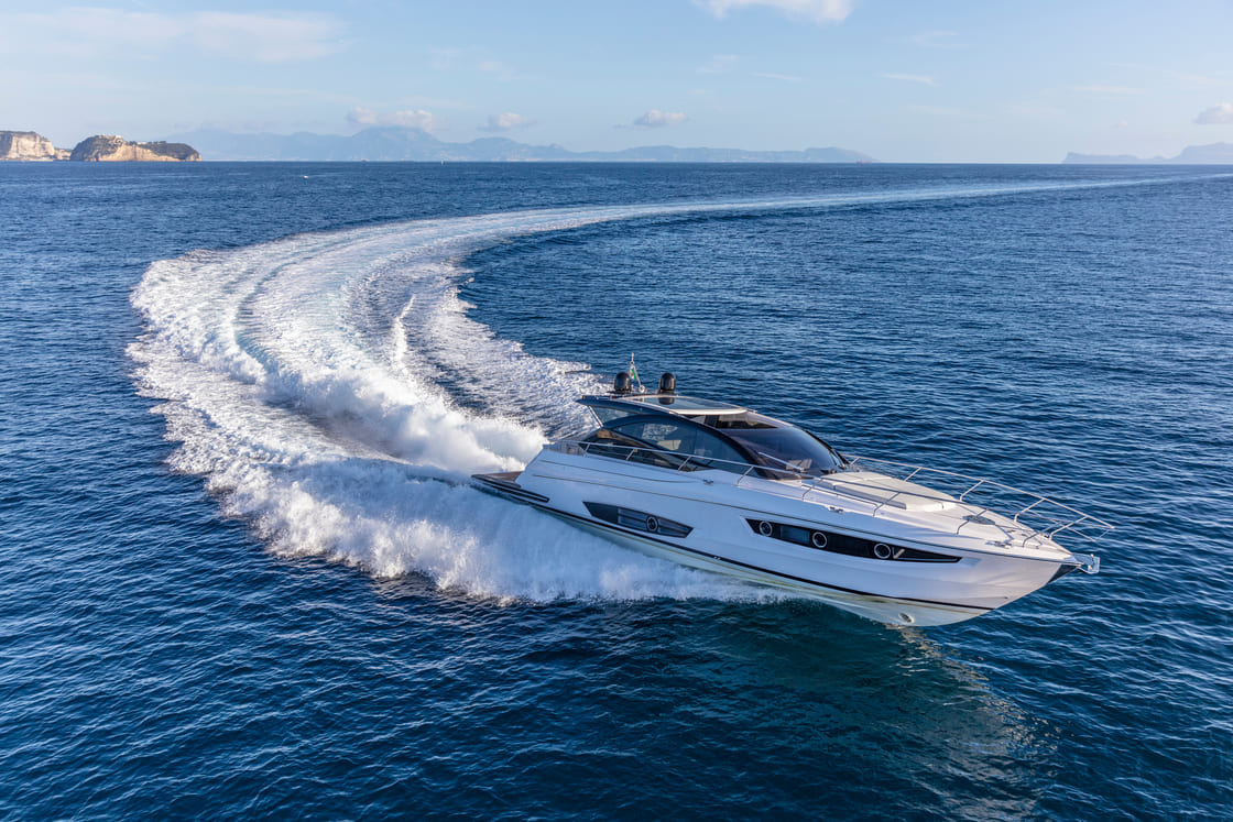 luxury motor yacht in navigation, aerial view
