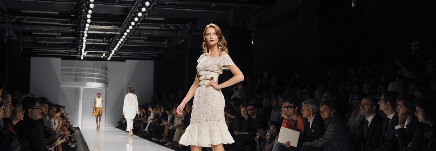 Blond top model wearing Marietta Haddad white dress during the Mercedez Benz New York Fashion Week