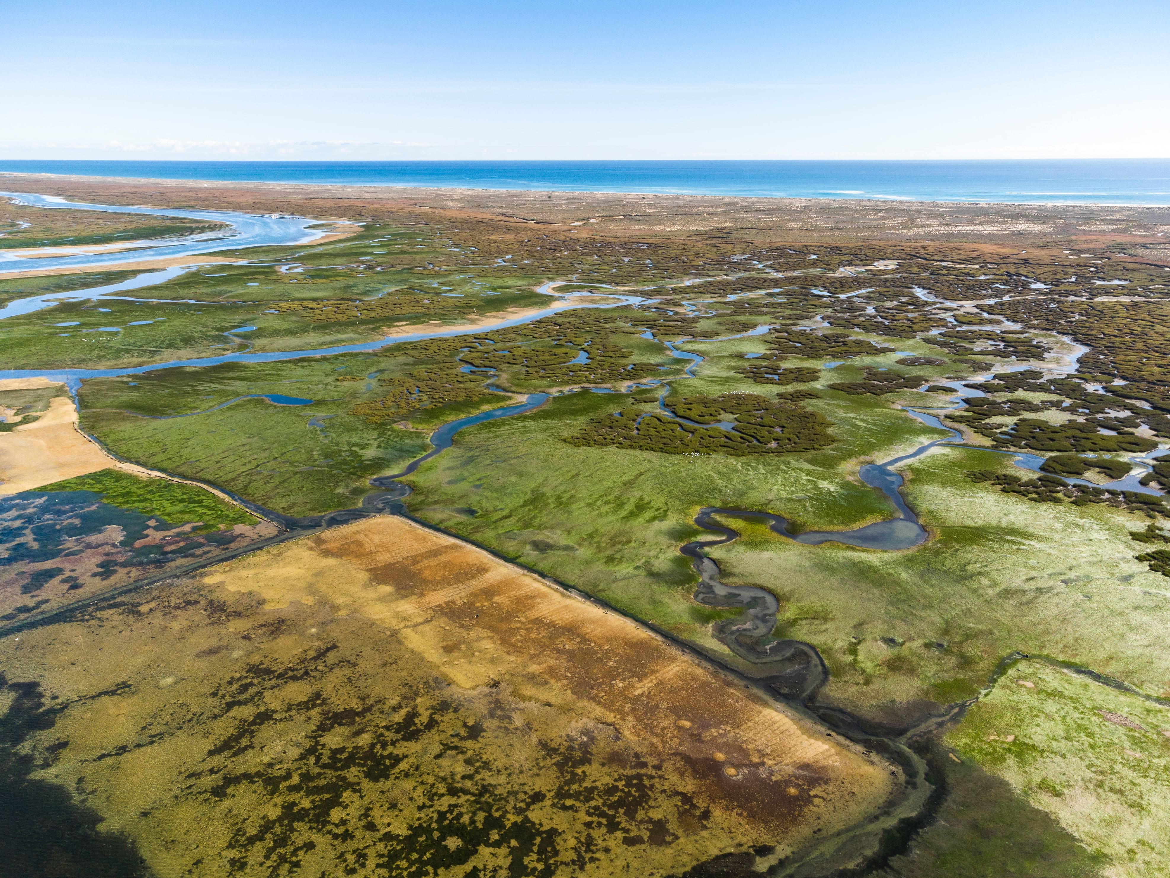 Aerial view of the Ria Formosa Natural Park in Olhao, Algarve, Portugal