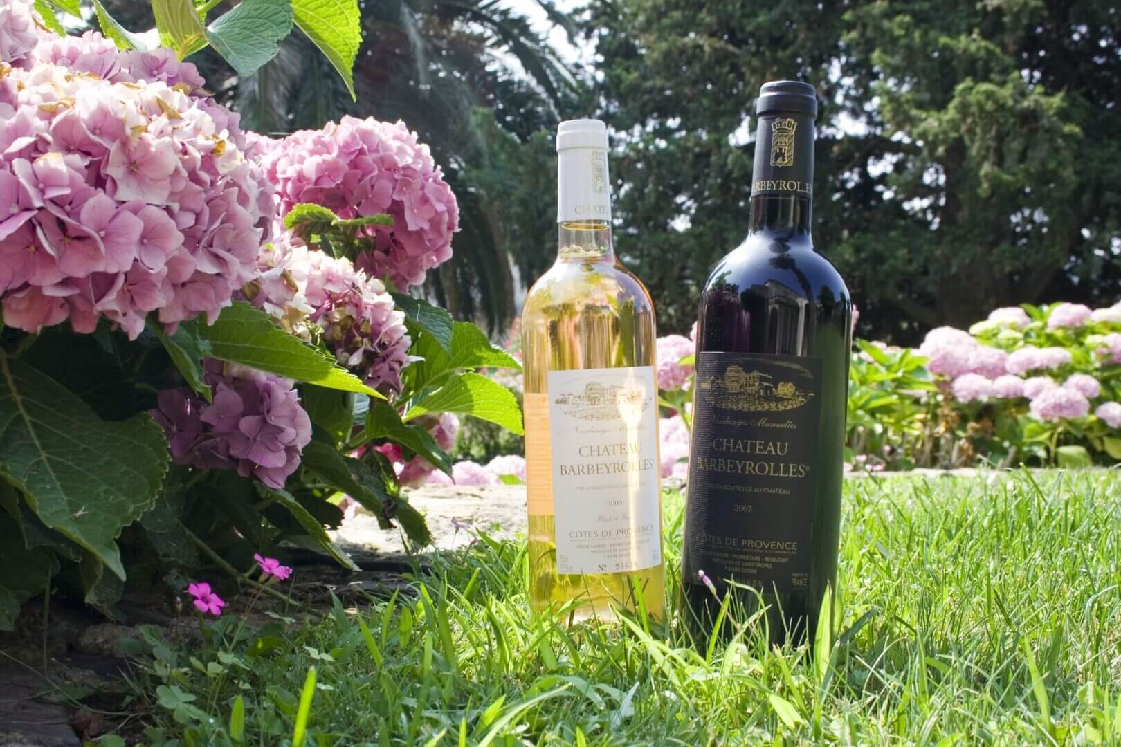 Bottiglie di vino di Chateau Barbeyrolles accanto ai fiori