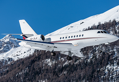 Large Business Jet Dassault Falcon 2000EX to charter for private flights with LunaJets, offering a comfortable interior for transatlantic flights
