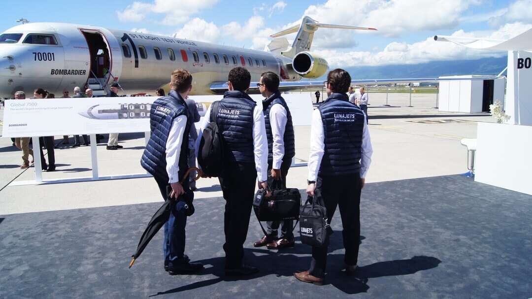 LunaJets teams on the EBACE tarmarc presenting a Bombardier Large Jet