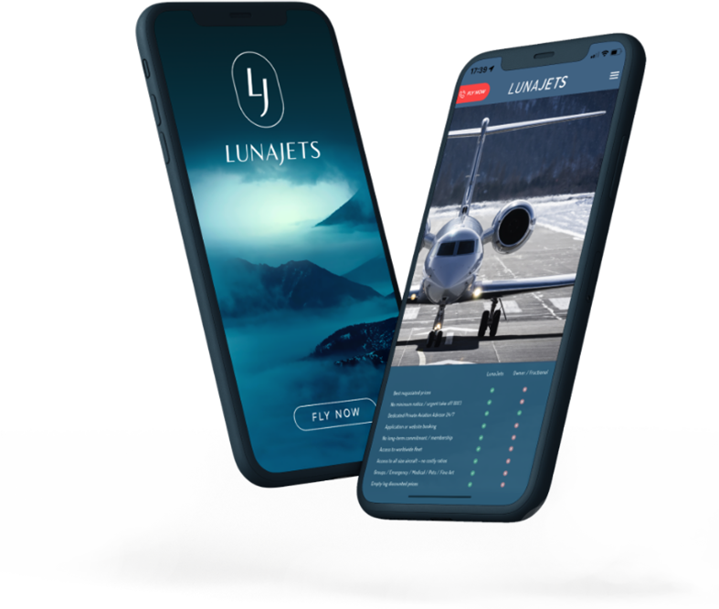 LunaJets mobile app presented on a mobile device