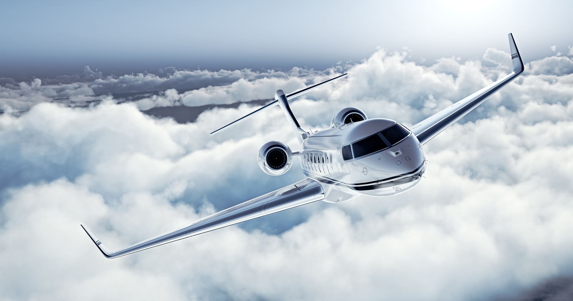 Реалистичное изображение белого роскошного частного самолета с общим дизайном, летящего над землей. Пустое голубое небо с белыми облаками на черном фоне. Концепция делового путешествия. Горизонтальный. 3д рендеринг