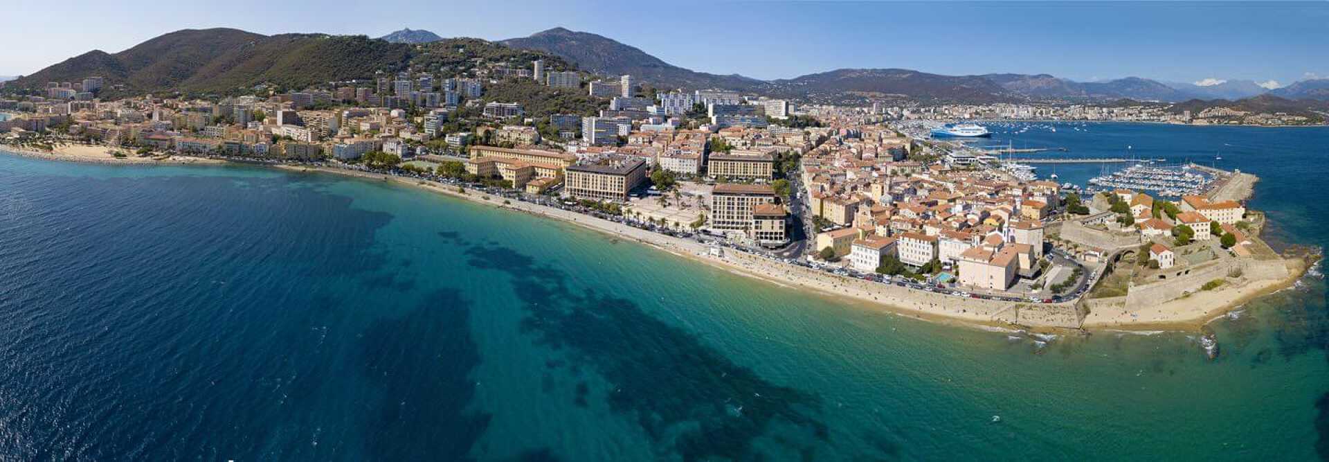 Aerial view of Ajaccio in France showing its beaches and its port