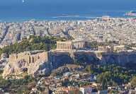 Athens with the Acropolis and its Parthenon with the sea and yachts in the background