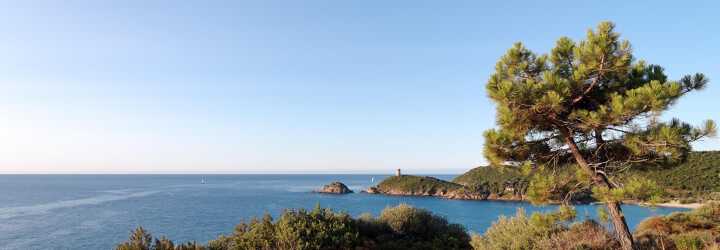 View of Figari coasts in Corsica with the sea and sailboats in a sunny cloudless afternoon