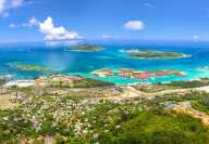 Skyview of Mahe Island in the Seychelles with a clear bleu sky and the Indian Ocean