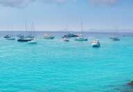 Photo of a bay in Formentera in Spain with many pleasure boats moored