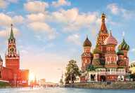 Sunny view of Saint Basils Cathedral and the Nabatnaya and Tsar and Spasskaya towers in Moscow !