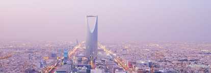 Sunset view of Riyadh in Saudi Arabia with a focus on the kingdom tower