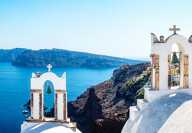 View of the white city of Santorini in the Greek Islands