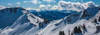 Vue aérienne des montagnes enneigées de la Squaw Valley dans la vallée olympique en Californie