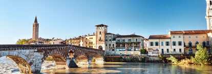 View of Verona in Italy from the Ponte Pietra on the Adige with Sant' Anastasia Church