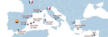 European map illustrating the top 10 Mediterranean destinations where LunaJets is seeing the highest growth in 2018